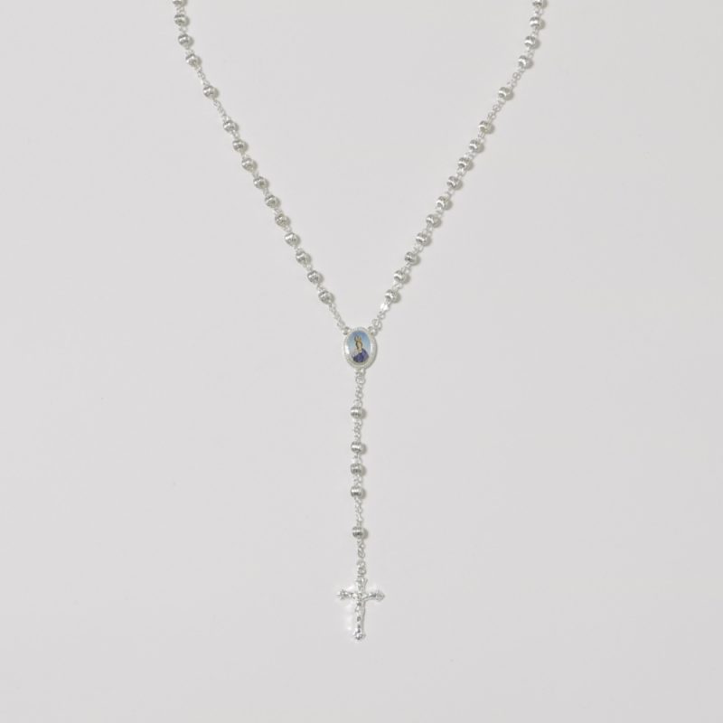 Terço em metal prateado, 43cm